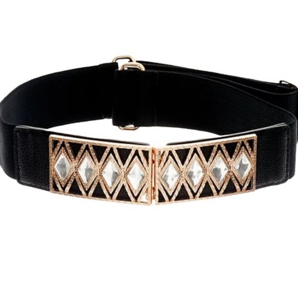 Susan Graver  stretch belt elastic adjustable ornate buckle black gold S/M EUC - Picture 1 of 11